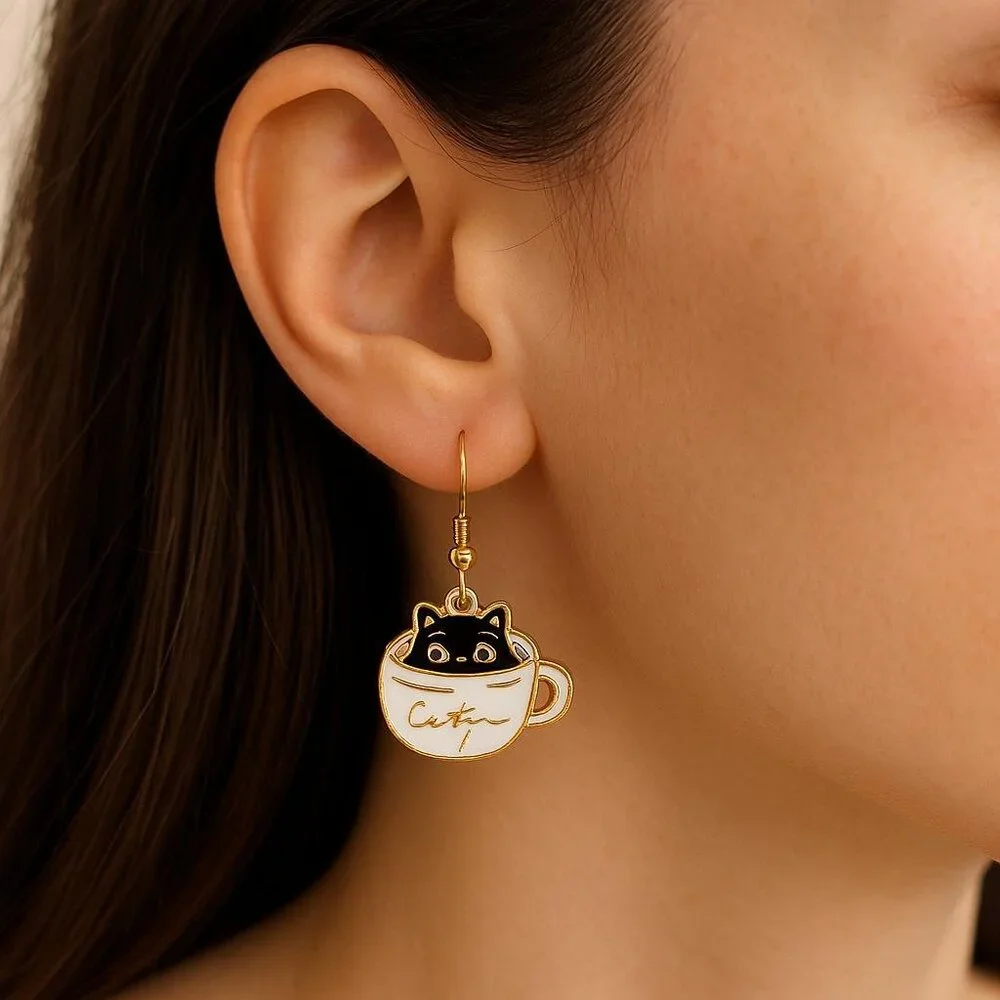 Cat Coffee Cup Dangle Earrings White Black 1.57 Inch Drop Pierced Ears New